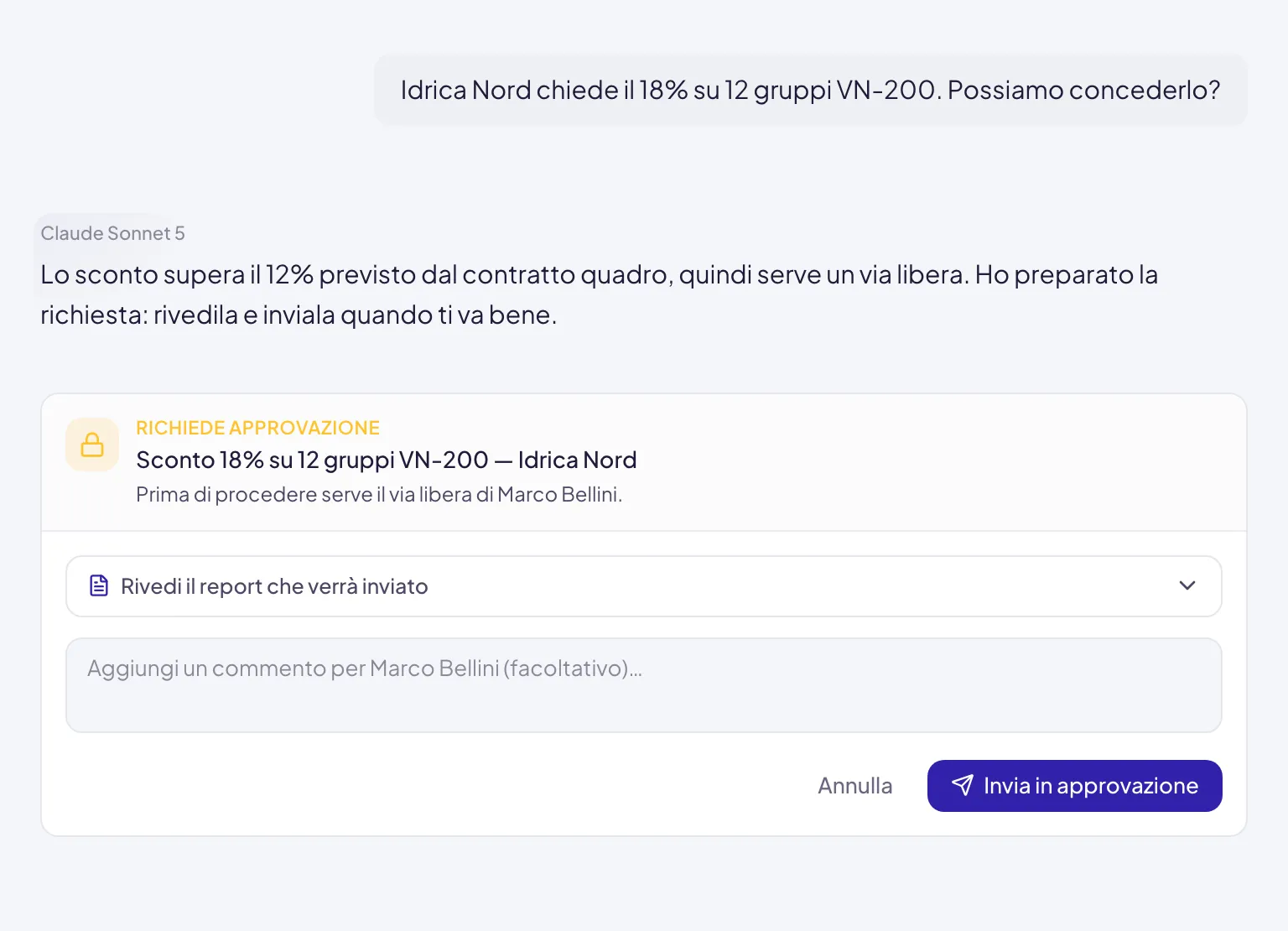 La scheda appena preparata: l'operazione, chi deve dare il via libera, il report da rivedere, il campo per il commento e in fondo Invia in approvazione. Finché non lo premi non è uscito niente dalla conversazione