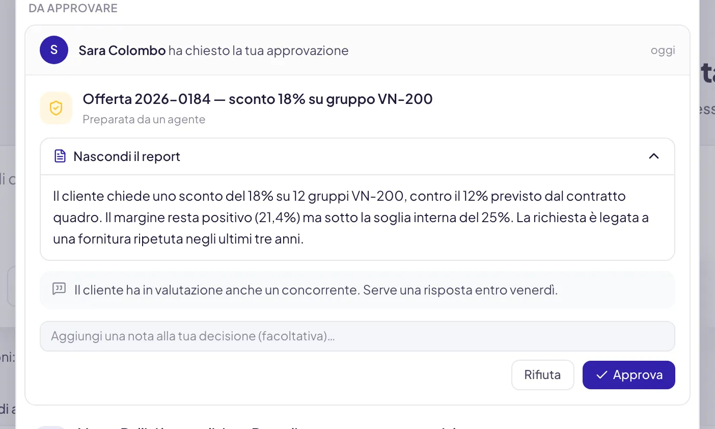 Una scheda di approvazione con il report aperto: chi l'ha chiesta, l'oggetto contrassegnato Preparata da un agente, i numeri su cui si decide, la nota lasciata da chi ha chiesto e i pulsanti Rifiuta e Approva
