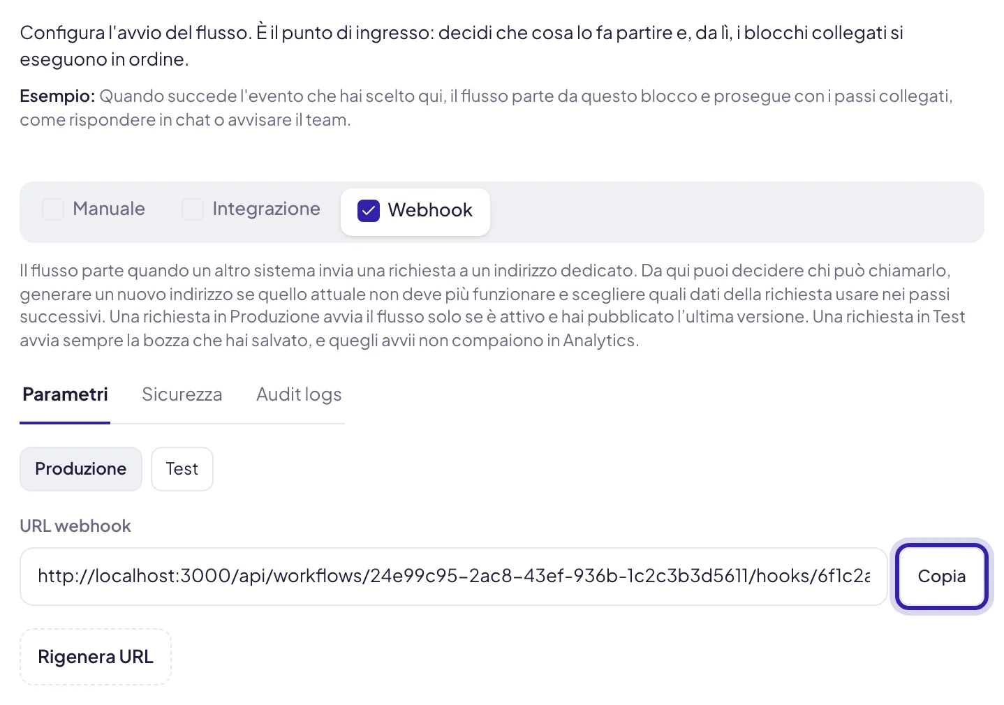 La scheda Webhook del trigger: sotto la spiegazione, le schede Parametri, Sicurezza e Audit logs; in Parametri i pulsanti Produzione e Test, il campo URL webhook con Copia evidenziato accanto e, sotto, Rigenera URL