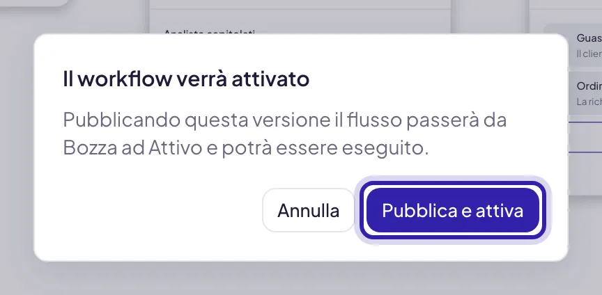 La conferma Il workflow verrà attivato, che spiega il passaggio da Bozza ad Attivo, con Annulla e il pulsante Pubblica e attiva evidenziato