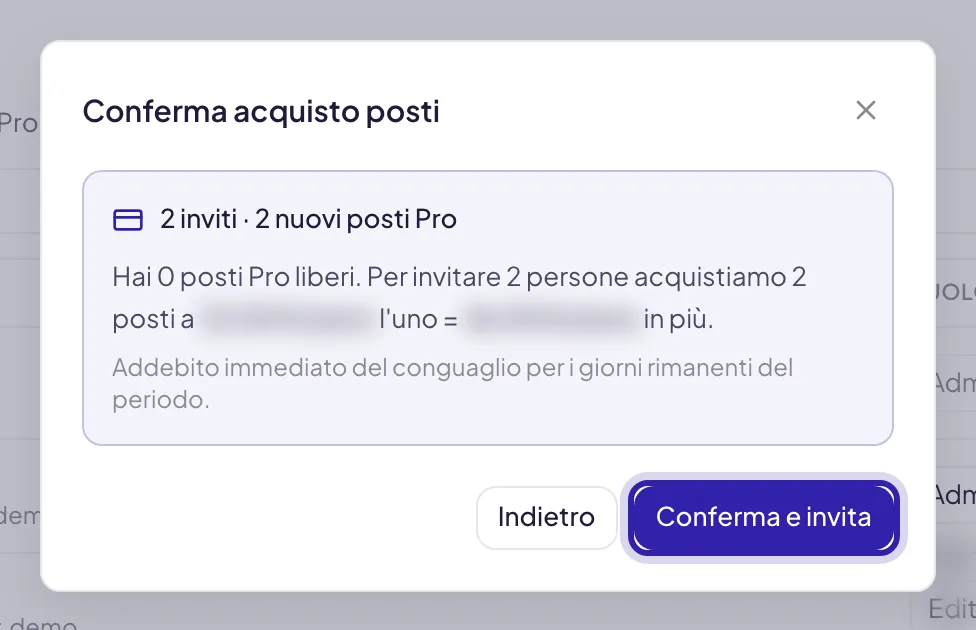 Il passaggio Conferma acquisto posti: quanti inviti e quanti posti nuovi servono, prezzo unitario e totale sfocati, Indietro e Conferma e invita evidenziato