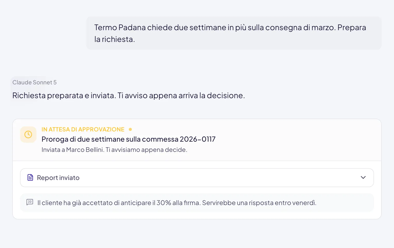 La stessa scheda dopo l'invio: In attesa di approvazione, a chi è stata mandata, il report ormai partito e il commento che avevi aggiunto