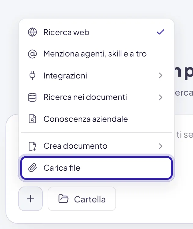 Il menu che si apre dal pulsante più, con la voce Carica file evidenziata in fondo