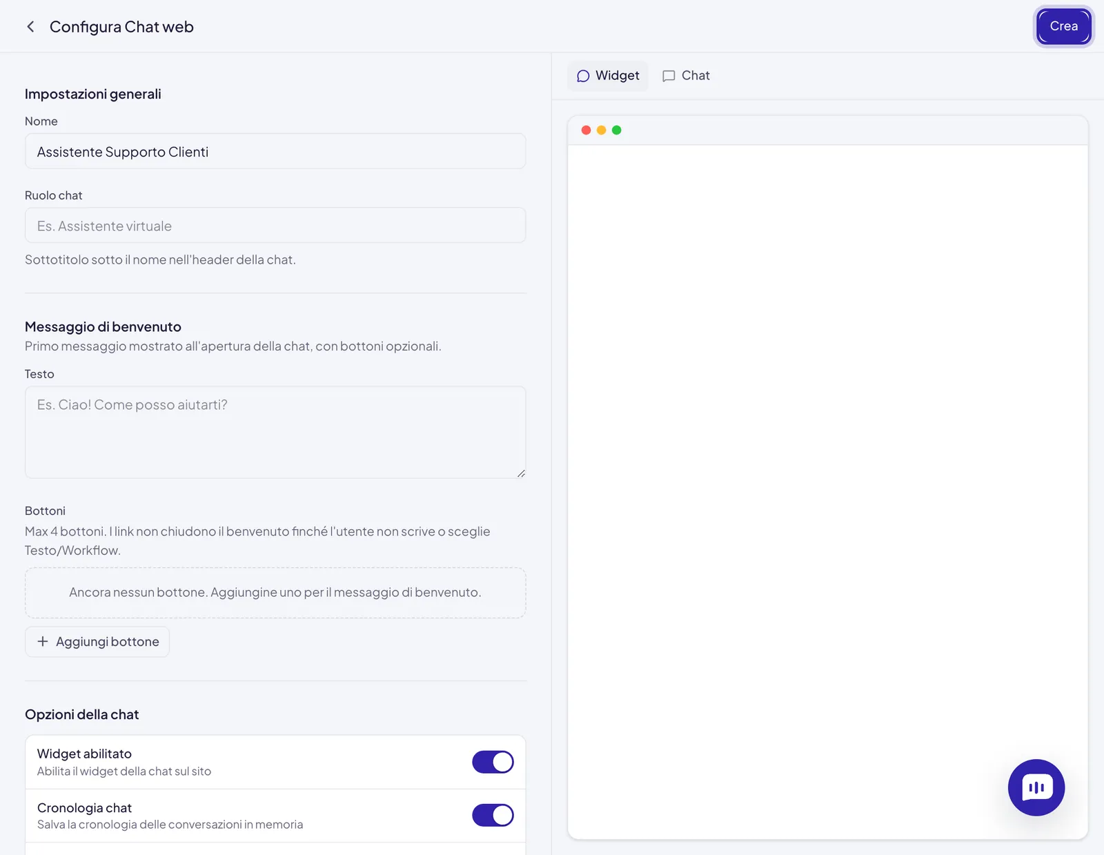 La pagina Configura Chat web con in alto a destra il pulsante che salva l'agente, evidenziato: Crea su un agente nuovo come questo, Salva su uno già creato