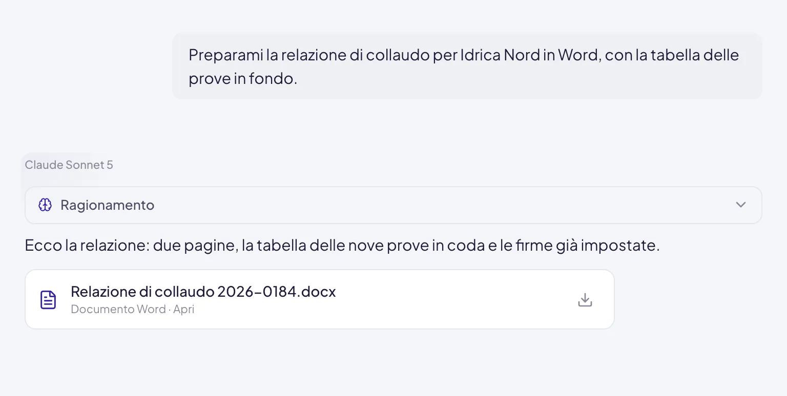 La scheda del file prodotto, sotto la risposta: il nome completo con l'estensione, il tipo di documento e la freccia per scaricarlo
