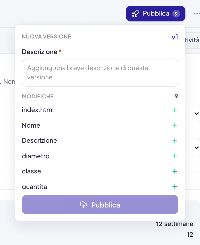 Il pannello Pubblica Mini App aperto sotto il pulsante Pubblica: il numero della nuova versione, il campo Descrizione obbligatorio, l'elenco delle modifiche e il pulsante Pubblica in fondo