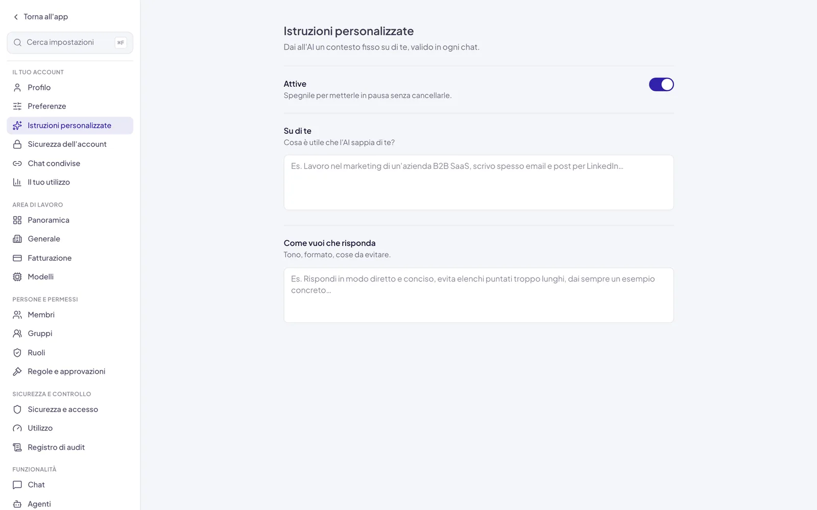 La pagina Istruzioni personalizzate con i due campi, Su di te e Come vuoi che risponda: quello che scrivi qui vale per tutte le tue conversazioni