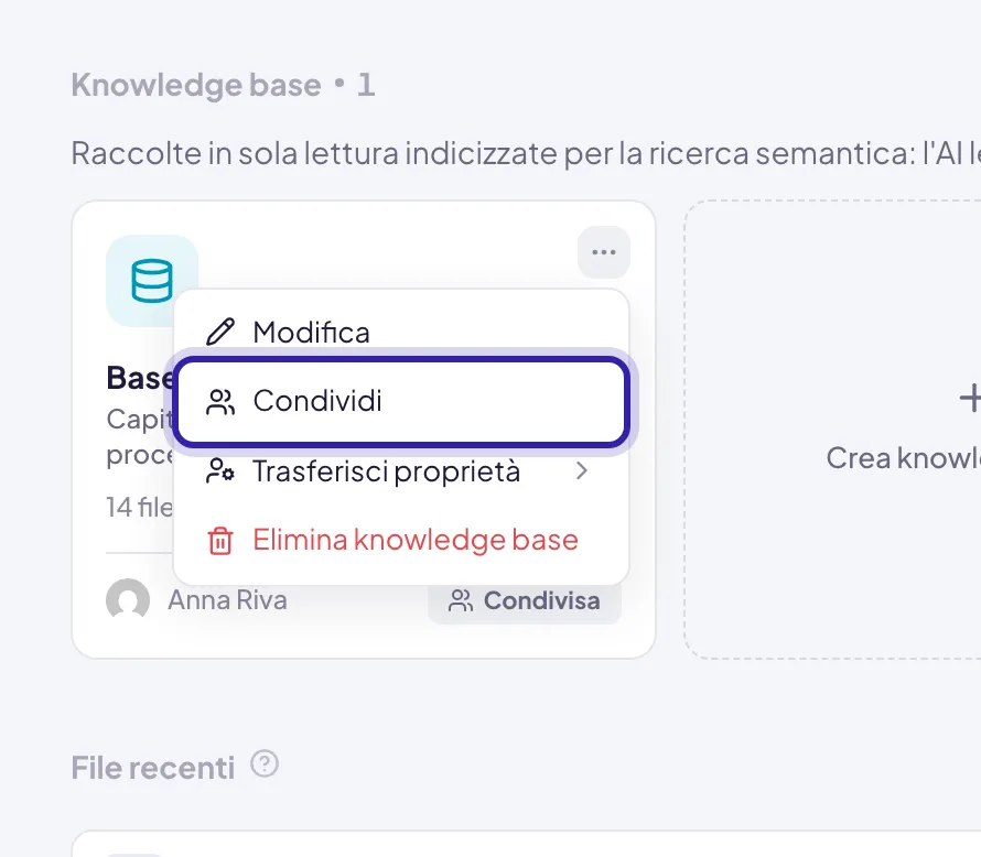 Il menu aperto sulla scheda di una base di conoscenza: Modifica, Condividi evidenziato, Trasferisci proprietà ed Elimina knowledge base