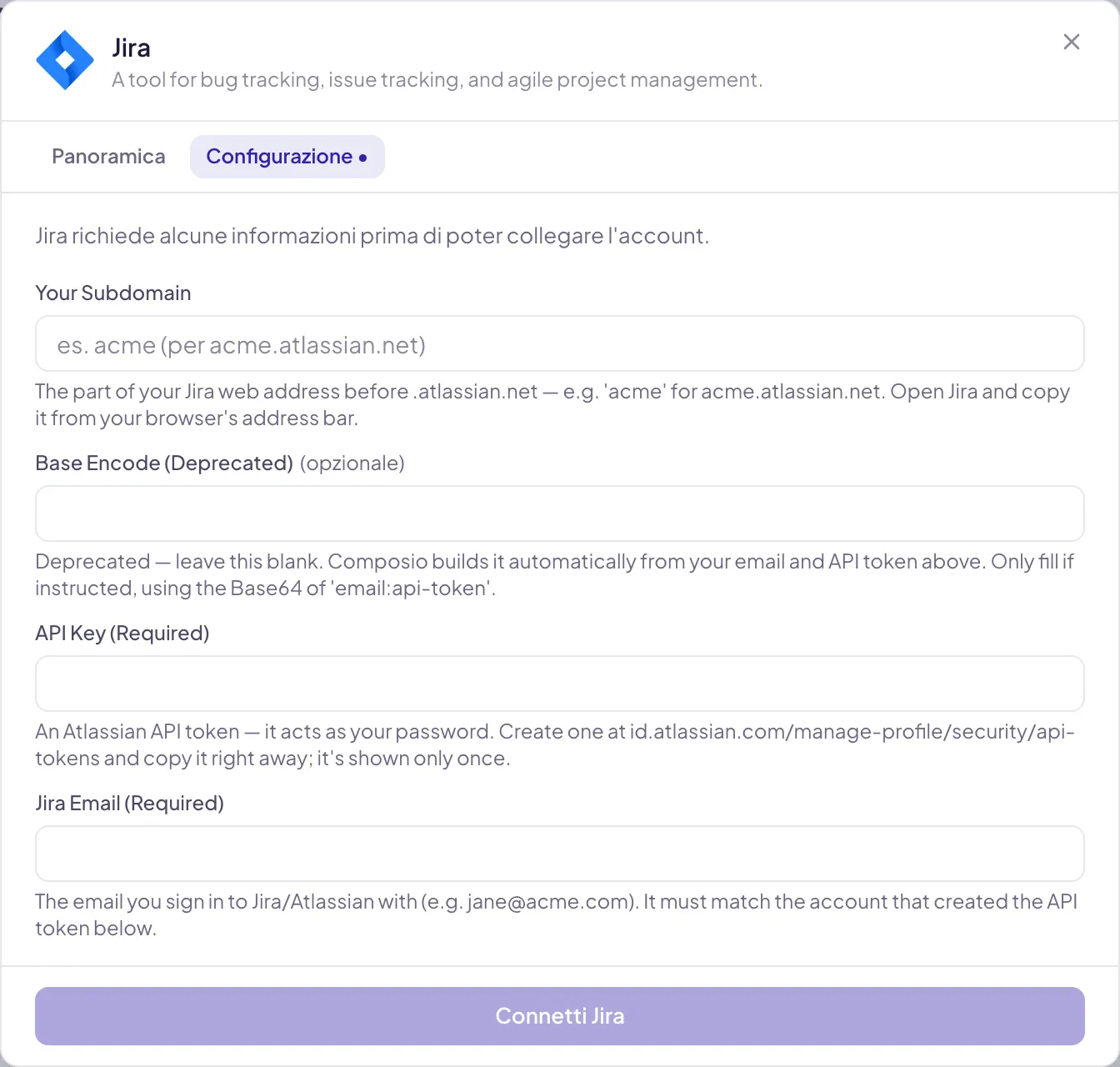 La scheda di Jira aperta su Configurazione: il sottodominio, la chiave e l'email richiesti dall'app, con le spiegazioni del fornitore in inglese, e in fondo Connetti Jira