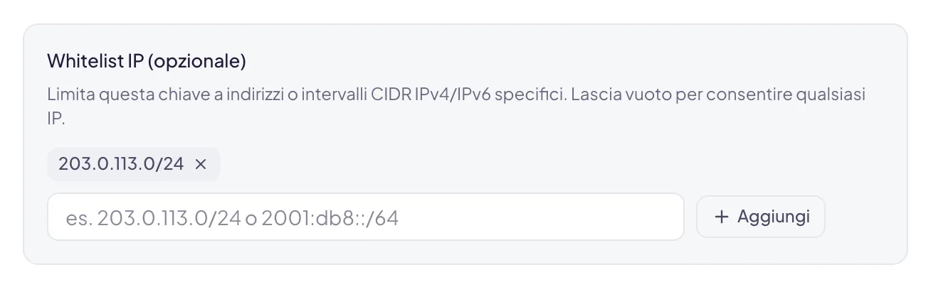 La Whitelist IP con un intervallo di esempio già aggiunto e il campo per il successivo