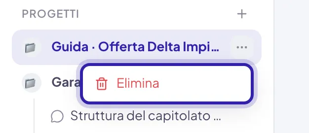 Il menu ⋯ di un progetto nella barra laterale, aperto accanto al nome, con la sola voce Elimina evidenziata