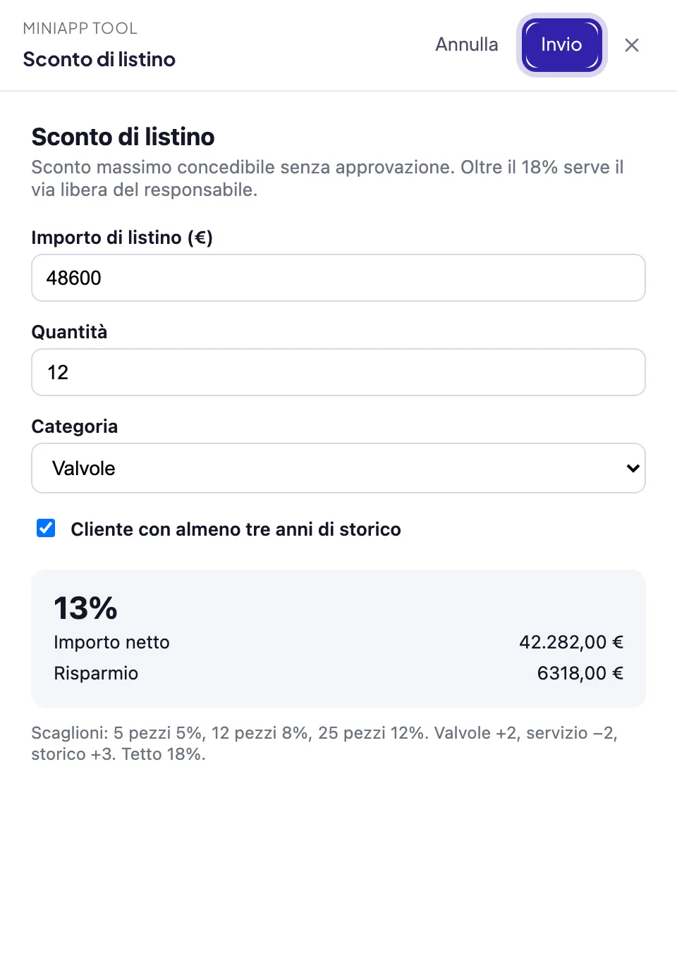 Il pannello della Mini App aperto dalla chat: in alto Annulla e Invio evidenziato, sotto i campi compilati e il risultato del calcolo