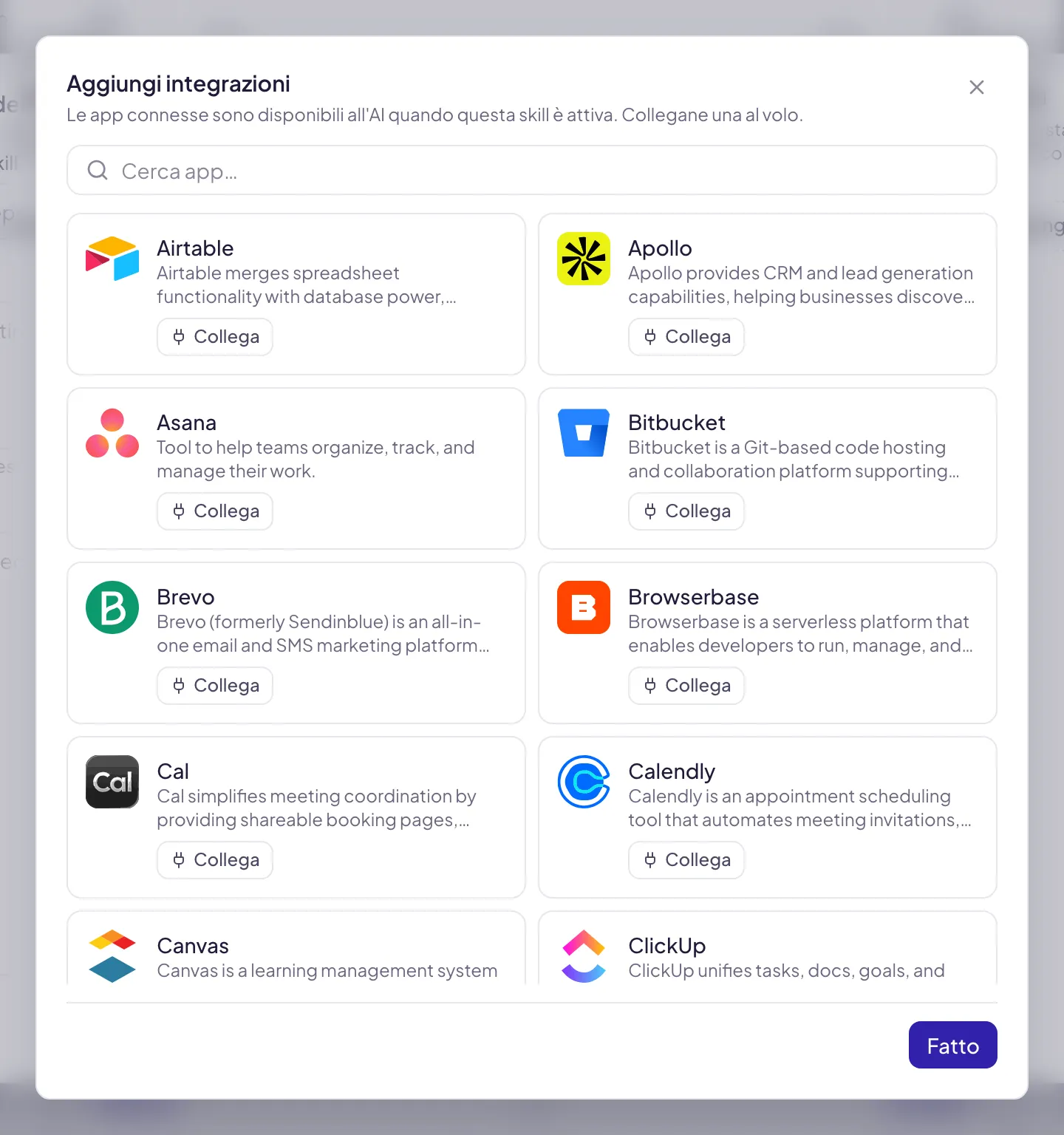 La finestra Aggiungi integrazioni: la ricerca Cerca app, le app del catalogo ognuna con Collega, e in fondo Fatto