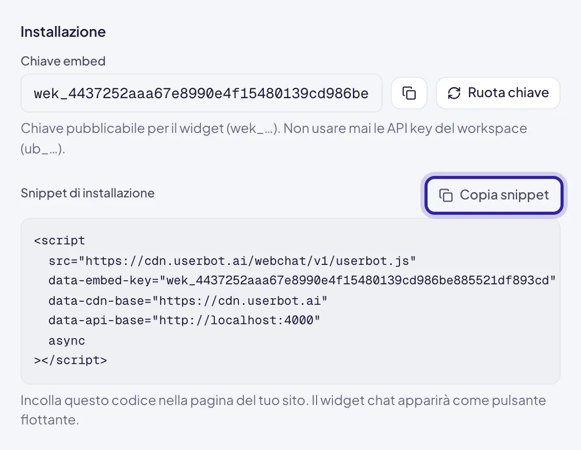 La sezione Installazione: la Chiave embed che inizia con wek_, lo Snippet di installazione con il tag script e Copia snippet evidenziato, e sotto gli Origin consentiti