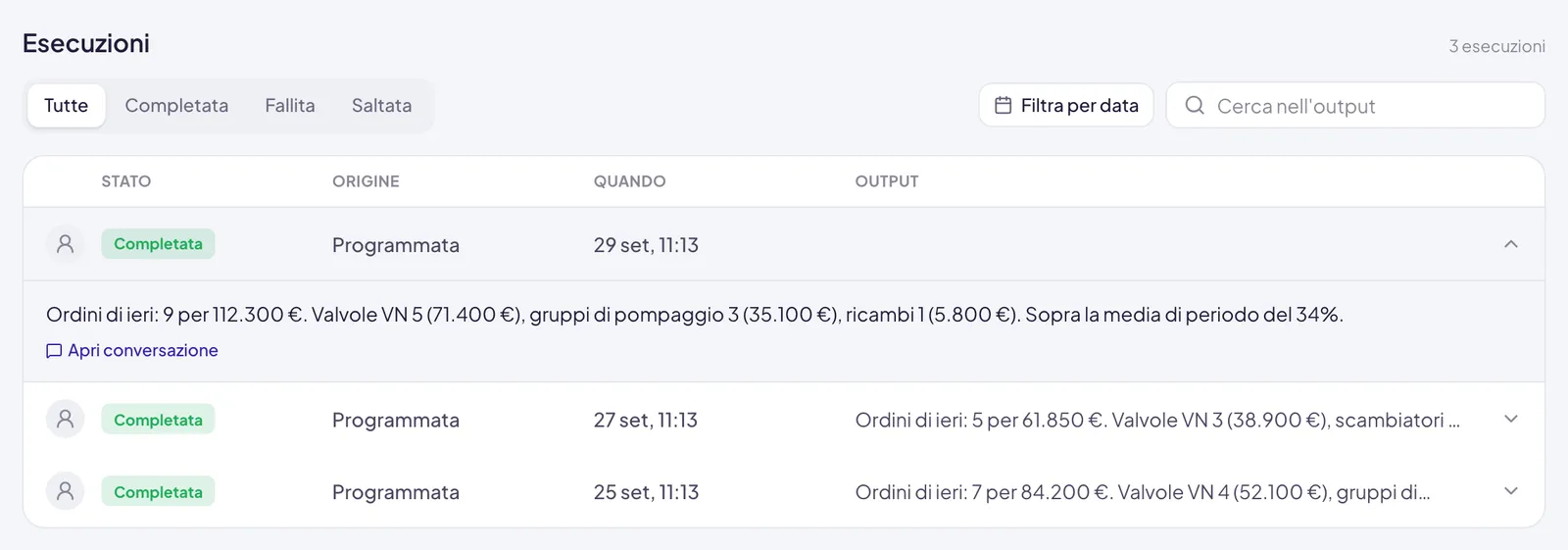 La tabella Esecuzioni con la prima riga aperta: sotto Stato, Origine e Quando compare l'output completo e il collegamento Apri conversazione