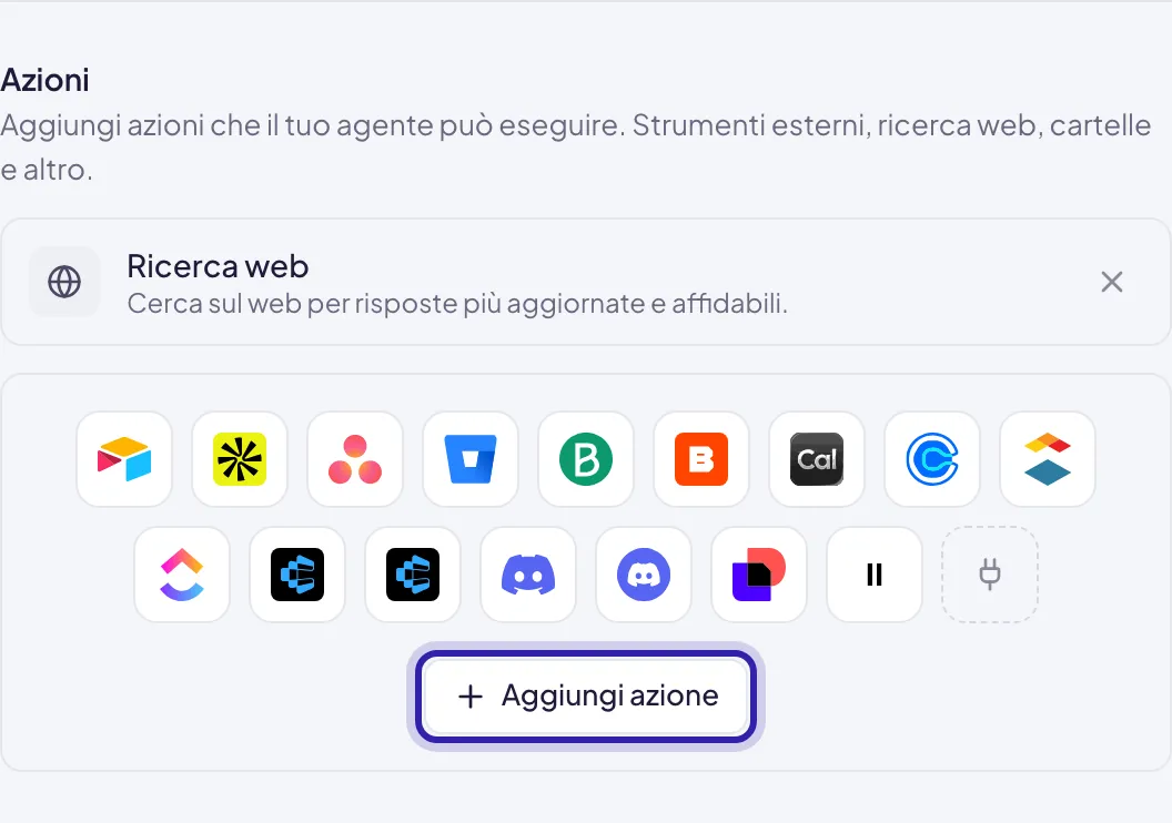 Il riquadro Azioni con la Ricerca web già collegata e il pulsante Aggiungi azione evidenziato