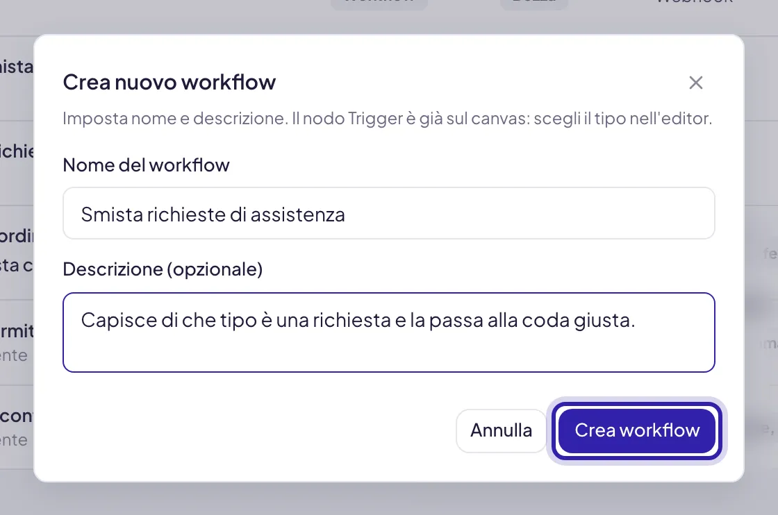 La finestra Crea nuovo workflow con il nome e la descrizione compilati e il pulsante Crea workflow evidenziato