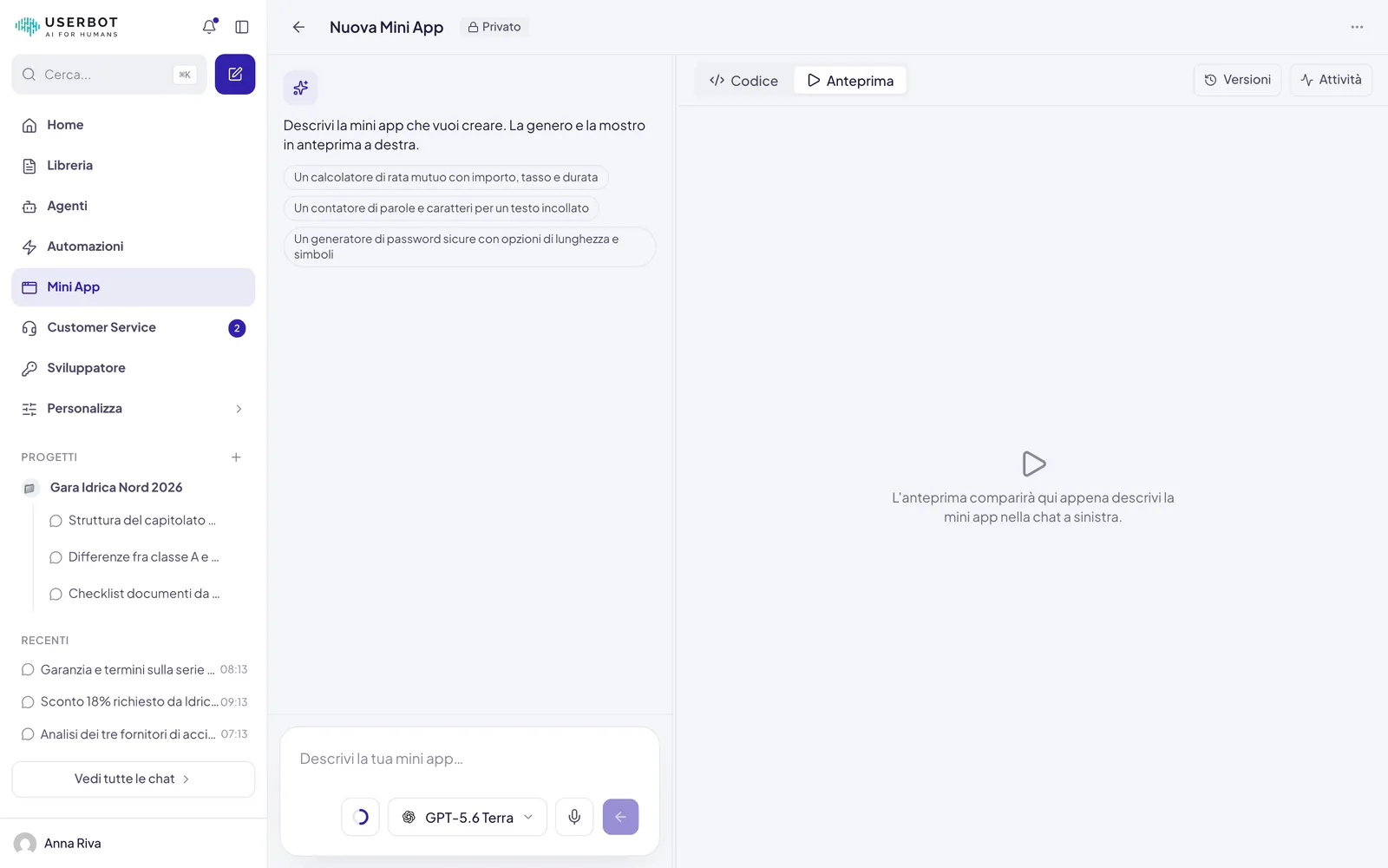 Il costruttore di una Mini App nuova: a sinistra il campo in cui descriverla con gli esempi da cui partire, a destra l'anteprima ancora vuota