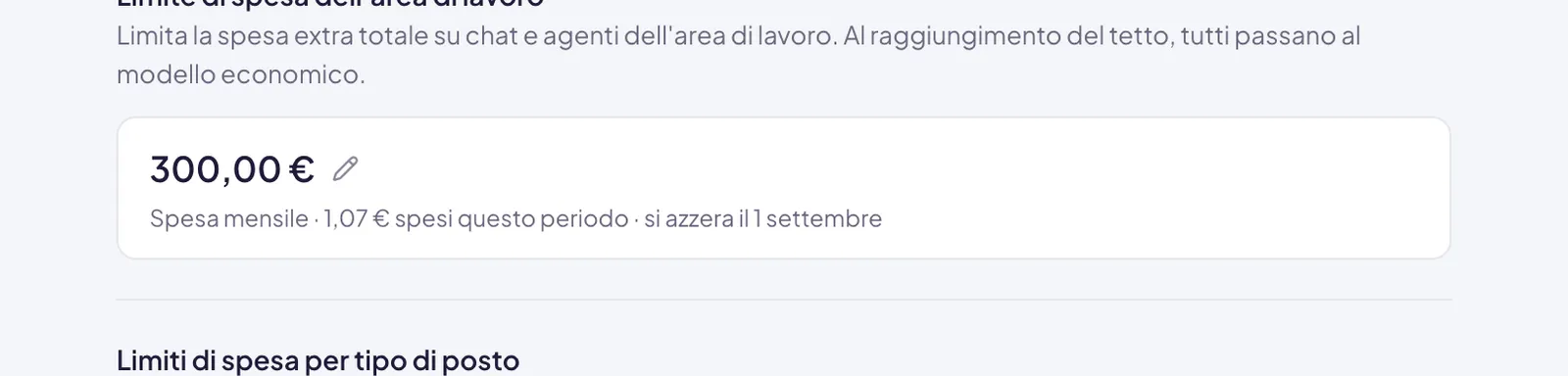 Il tetto dell'intera area di lavoro: il valore con accanto la matita per modificarlo, e sotto la riga che dice quanto è stato speso nel periodo e in che giorno si azzera