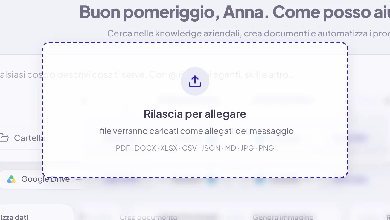 Il riquadro Rilascia per allegare sopra la pagina mentre trascini un file: dice che i file verranno caricati come allegati del messaggio e quali formati si accettano