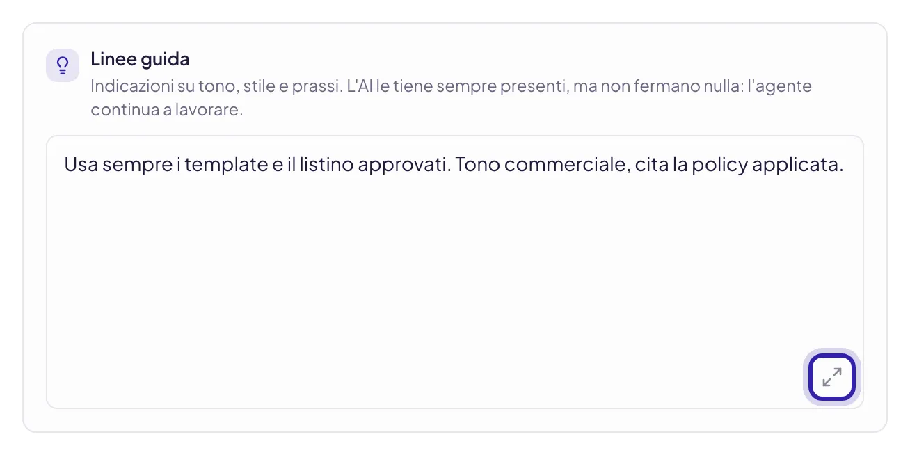 Il riquadro Linee guida con una regola scritta all'imperativo e in basso a destra il pulsante Schermo intero evidenziato