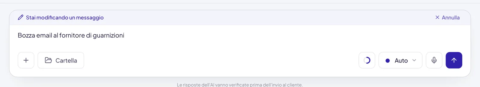 Il campo di scrittura con la banda «Stai modificando un messaggio» in alto e Annulla a destra: sotto c'è il testo del messaggio, pronto da correggere, con gli stessi comandi di un messaggio nuovo