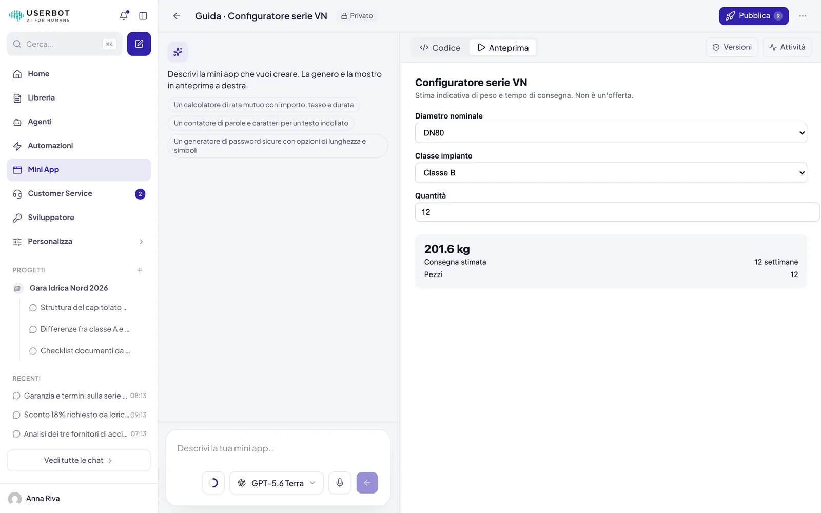 Il costruttore di una Mini App già generata: a destra l'anteprima funzionante con i suoi campi e il risultato, sopra le schede Codice e Anteprima, e in alto a destra Pubblica con il numero di modifiche ancora da pubblicare