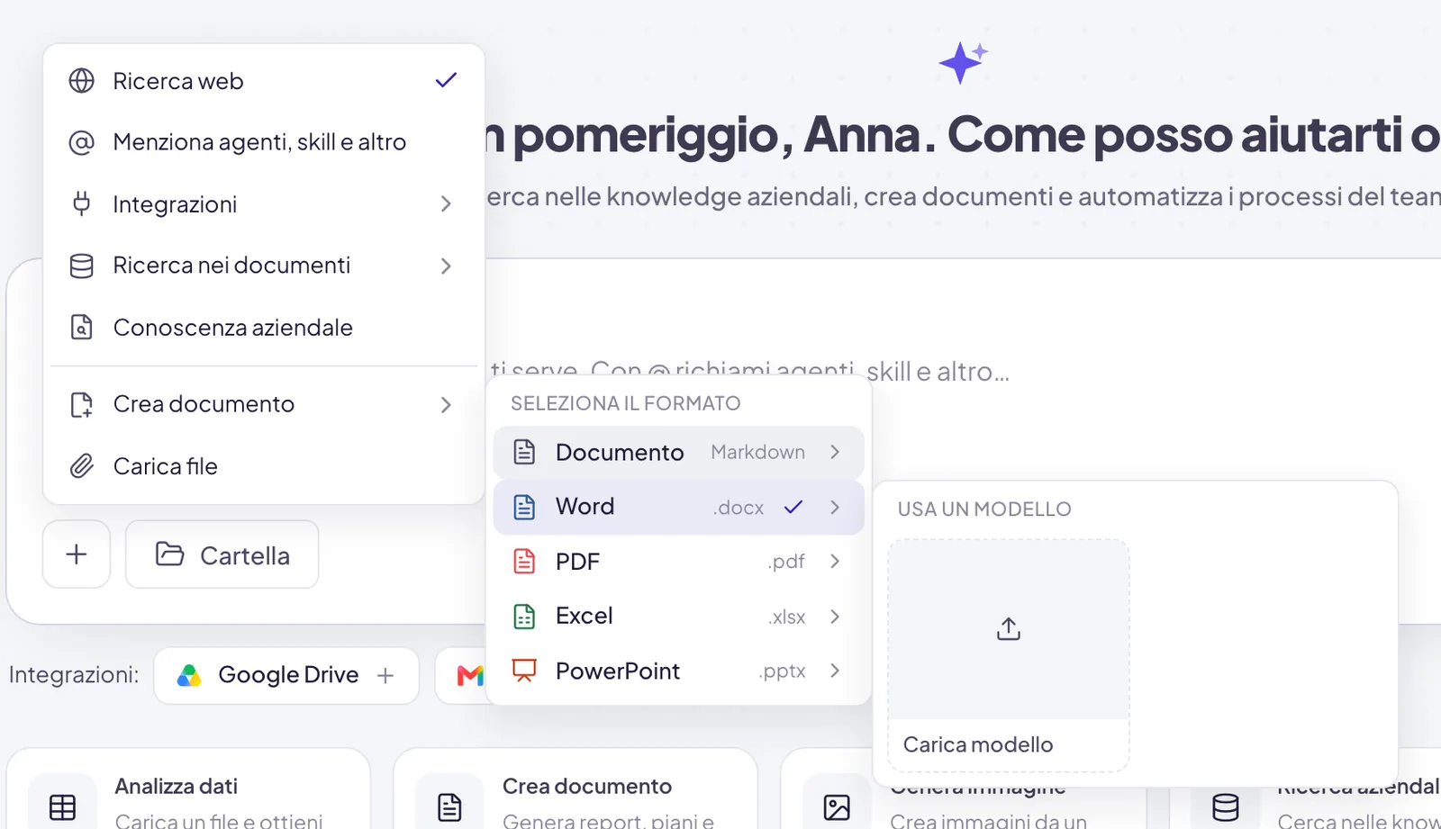 Crea documento con il formato Word cliccato e, accanto, il riquadro Usa un modello: qui c'è solo la scheda Carica modello, perché fra i Template non ci sono ancora modelli Word