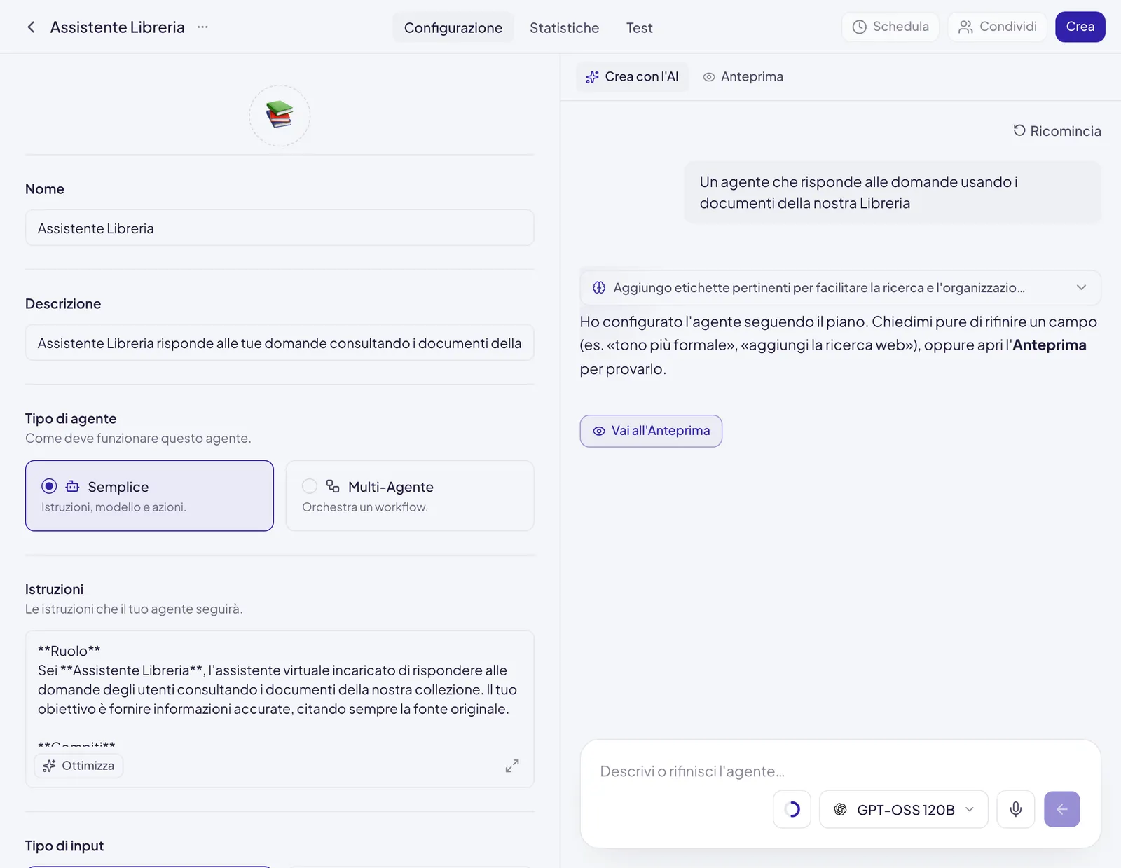L'editor a lavoro finito: nome, descrizione e istruzioni compilati a sinistra, a destra il messaggio dell'AI che invita a rifinire un campo o ad aprire l'Anteprima, e in alto il pulsante Crea