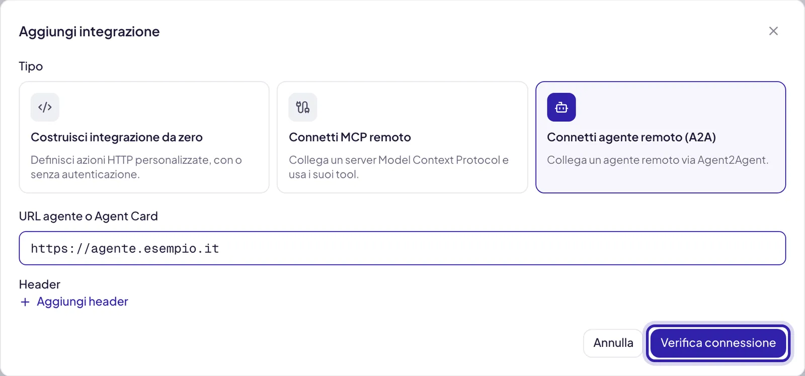 La finestra con il tipo Connetti agente remoto (A2A): il campo URL agente o Agent Card compilato, Aggiungi header e il pulsante Verifica connessione evidenziato