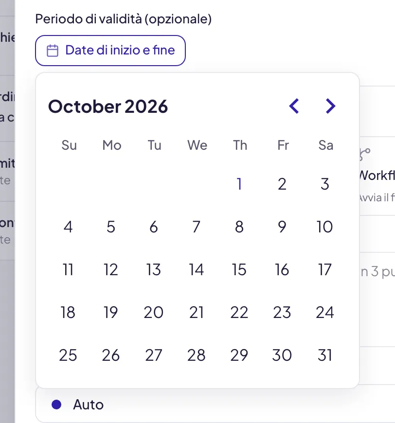 Il calendario aperto sotto il pulsante Date di inizio e fine, sul mese in corso