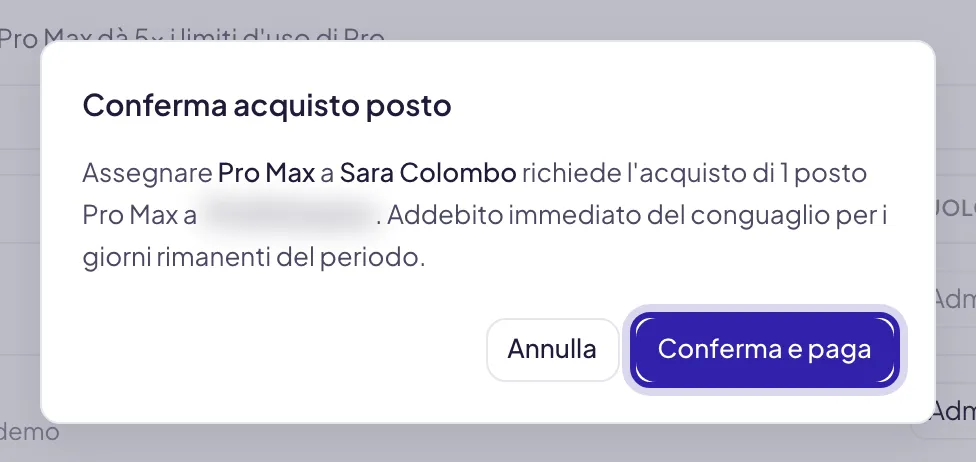La finestra Conferma acquisto posto: quale fascia, per chi, il prezzo sfocato e la nota sull'addebito del conguaglio, con Conferma e paga evidenziato