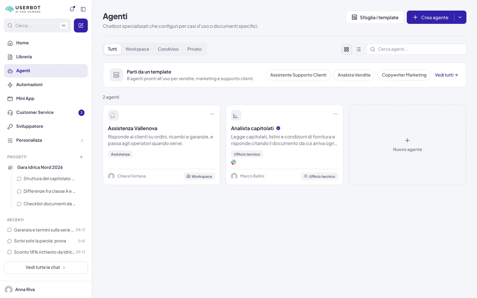 La pagina Agenti: in alto Sfoglia i template e il pulsante Crea agente con la freccia accanto, sotto i filtri per ambito, il riquadro Parti da un template e le schede degli agenti