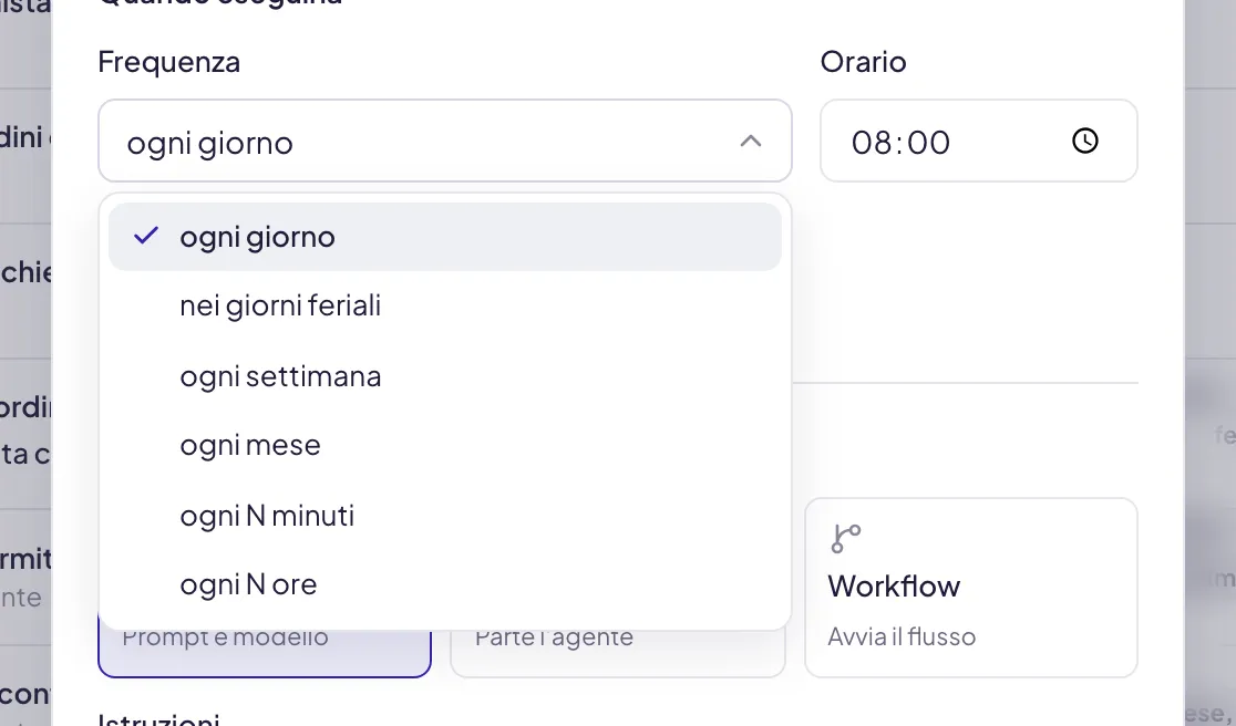 Il menu Frequenza aperto con le sei voci: ogni giorno, nei giorni feriali, ogni settimana, ogni mese, ogni N minuti, ogni N ore
