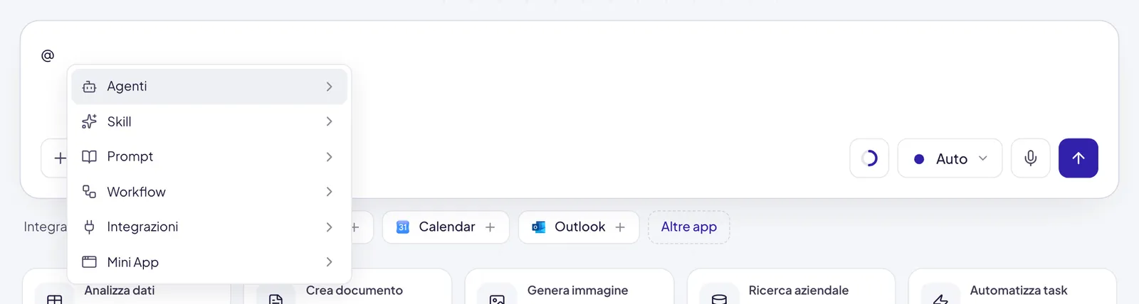 La chiocciola scritta nel campo e, sopra, l'elenco delle categorie da cui scegliere: Agenti, Skill, Prompt, Workflow, Integrazioni, Mini App
